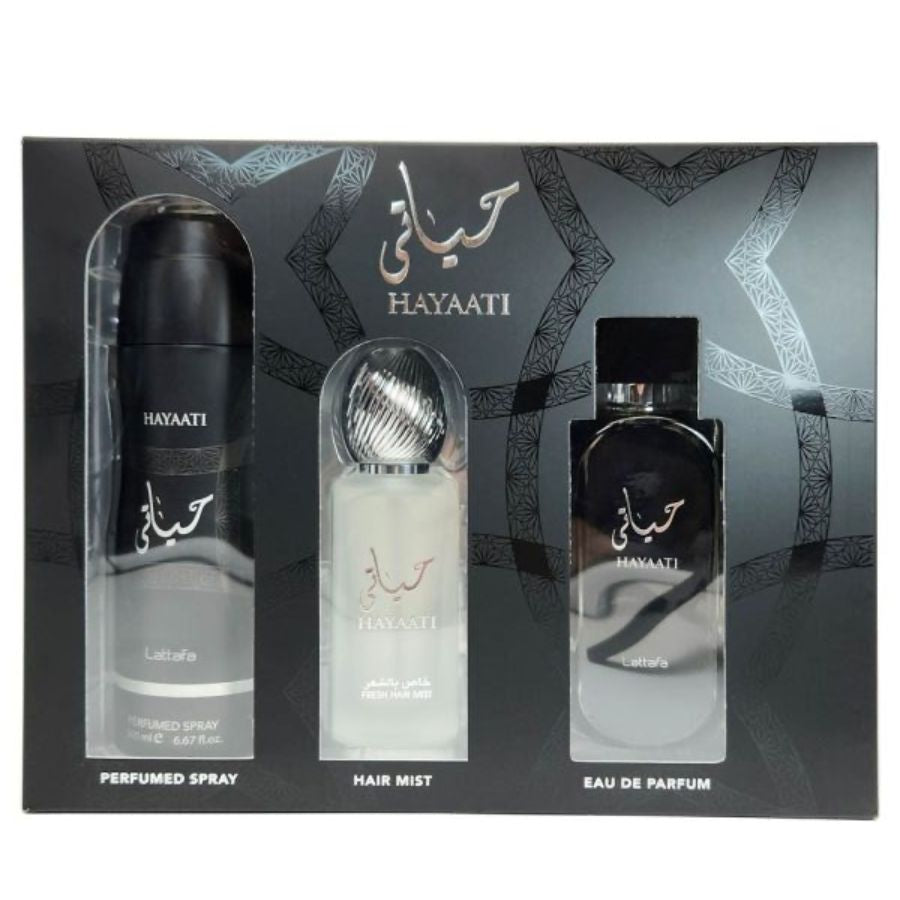 Hayaati Black Gift Set 3 Piece Perfumed Spray +hair Mist+eau 100ml – Lattafa